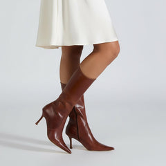 Tuhoomall Comfortable Mid Calf Boots for Travel, Weddings and Daily Fashion - 8cm Stiletto Heel, Slip-On Design in Solid Color