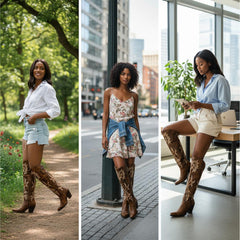 Tuhoomall Western Over-the-Knee Boots for Women, Chunky Heel, Snip-Toe, Embroidered, Slip-On, Distressed Style for Parties and Casual Outings