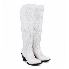 Tuhoomall Western Over-the-Knee Boots for Women, Chunky Heel, Snip-Toe, Embroidered, Slip-On, Distressed Style for Parties and Casual Outings