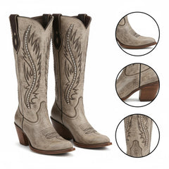 Tuhoomall Retro Studded Mid Calf Boots for Women, Pointed Toe Chunky Heel Slip-On Footwear, Stylish Casual Performance Design Tuhoomall