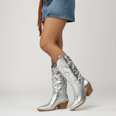 Tuhoomall Comfortable Western Boots for Women – 6cm Low Chunky Heel, Slip-On Design with Floral Embroidery - Fashionable All-Season Style