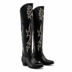 Tuhoomall Western Over-the-Knee Boots for Women, Chunky Heel, Snip-Toe, Embroidered, Slip-On, Distressed Style for Parties and Casual Outings
