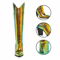 Tuhoomall Western Knee-High Boots for Women, Slip-On High Heels 3.74in, Metallic Finish, Fashion-Forward Design, Perfect for Performances and Street Style