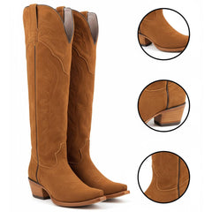 Tuhoomall Faux Suede Knee High Western Boots with Embroidered Eagles for Fashion, Travel, and Parties, 2.36 in Chunky Heel