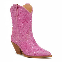 Tuhoomall Rhinestone Embellished Ankle Boots for Women, Chunky Heel 6.5 cm, Slip-On Pointed Toe Short Booties for Parties and Weddings