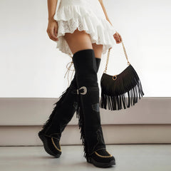 Tuhoomall Waterproof Over-The-Knee Flat Boots, Comfortable Thick Sole with Tassels, Stylish Bohemian Design for Casual Parties