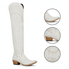 Tuhoomall Western Knee High Boots for Women, Floral Embroidery, Rubber Sole, Adjustable Buckle, Chunky Heel, All-Season Casual Wear