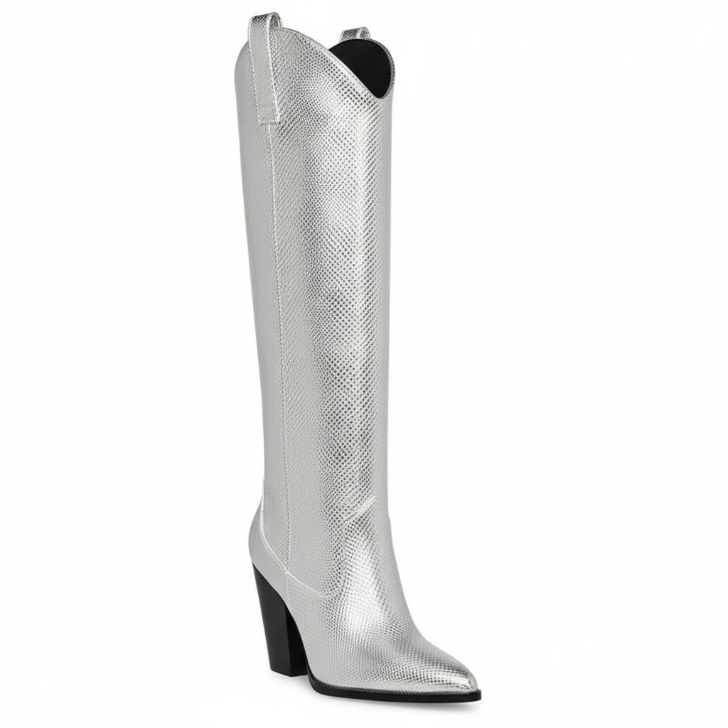 Tuhoomall Western Knee-High Boots for Women, Slip-On High Heels 3.74in, Metallic Finish, Fashion-Forward Design, Perfect for Performances and Street Style Tuhoomall