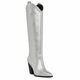 Tuhoomall Western Knee-High Boots for Women, Slip-On High Heels 3.74in, Metallic Finish, Fashion-Forward Design, Perfect for Performances and Street Style Tuhoomall