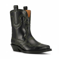 Tuhoomall Chic Mid Calf Western Boots For Women | Floral Embroidery | Slip-On Chunky Heel | Casual Fashion Footwear For Travel