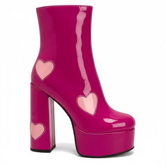 Tuhoomall Chunky Heeled Ankle Boots for Women, Heart Pattern, Zipper Closure, All-Season Fashion, Perfect for Parties and Travel
