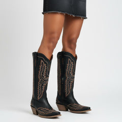 Tuhoomall Stylish Western Mid-Calf Boots for Women - Embroidered Vegan Leather, 2.76in Low Chunky Heel, Perfect for Year-Round Casual Wear