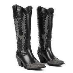 Tuhoomall Western Chunky Heels Ankle Boots with Rhinestones, Vegan Leather, 3-Inch Heel for Casual Performance and Runway Styles