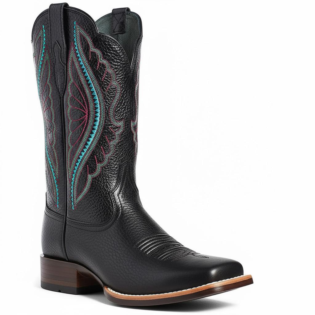 Tuhoomall Western Mid Calf Boots For Women, Chunky Heel, Square Toe, Embroidered Design, Slip-On, Fashion Casual, All Season, Rubber Sole Tuhoomall