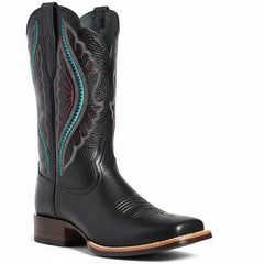 Tuhoomall Western Mid Calf Boots For Women, Chunky Heel, Square Toe, Embroidered Design, Slip-On, Fashion Casual, All Season, Rubber Sole Tuhoomall