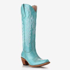 Tuhoomall Western Cowboy Knee-High Boots for Women, Stylish Floral Embroidery, Comfortable Chunky Heels, Slip-On Design, All-Season Fashion