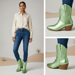 Tuhoomall Western Ankle Boots with Embroidered Pattern, 5cm Chunky Heel, Slip-On Design for Fashion and Travel, Durable Synthetic Fabric Lining