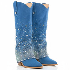 Tuhoomall Western Denim Mid Calf Boots With Chunky Heel, Pointed Toe, Rhinestone Embellishments For Casual Style, 13 In Shaft Height