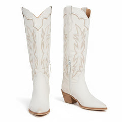 Tuhoomall Embroidered Western Chunky Heel Boots for Women - Pointed Toe, Zipper Closure, Mid-Calf Height, Stylish Vegan Leather, Perfect for All Seasons