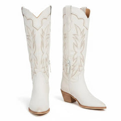 Tuhoomall Embroidered Western Chunky Heel Boots for Women - Pointed Toe, Zipper Closure, Mid-Calf Height, Stylish Vegan Leather, Perfect for All Seasons Tuhoomall