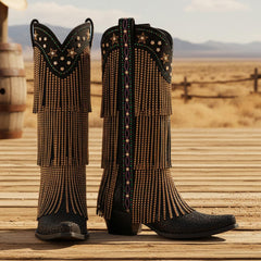 Tuhoomall Knee-High Fringe Boots with Rhinestones, Chunky Heel, Slip-On Design for Fashionable Occasions and Parties Tuhoomall