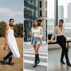 Tuhoomall Western Knee-High Boots for Women, Embroidered Chunky Heel, Slip-On Style, Pointed-Toe, Premium Leather, All Seasons Fashion