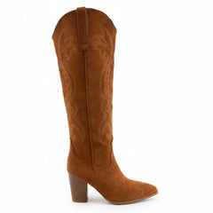 Tuhoomall Western Floral Embroidered Knee-High Boots for Women - Comfortable Slip-On Design with Chunky Heel for Parties and Daily Wear