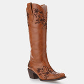 Tuhoomall Floral Studded Slip-On Cowboy Boots with Chunky Heel - Rubber Sole, All-Season Versatile Design for Casual and Formal Wear Tuhoomall