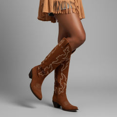 Tuhoomall Western Knee-High Boots for Fashion Casual Style with Embroidered Design and Chunky Heel, Ideal for Ranch and Outdoor Activities