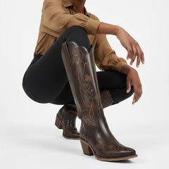 Tuhoomall Tuhoomall Western Knee-High Boots for Women, Floral Embroidered Design, Perfect for Parties, Office, and Casual Wear, 7.5 cm Classic Mid Chunky Heel