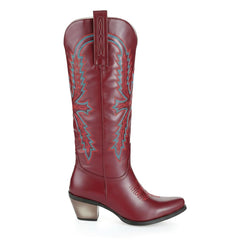 Tuhoomall Western Floral Embroidered Cowboy Boots for Women, Slip-On Low Chunky Heel, All-Season Comfort and Style