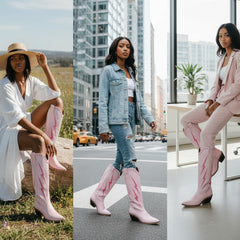 Tuhoomall Western Cowgirl Mid Calf Boots with Chunky Heel, Pointed Toe, Embroidered Design, Slip-On Style for Fashionable Casual Wear