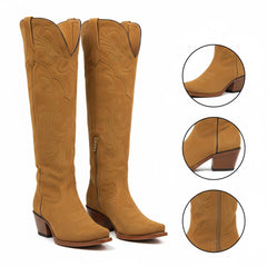 Tuhoomall Western Knee High Boots with Embroidered Design, 2.25 Inch Chunky Heel, Perfect for Fashion, Travel, Parties and Everyday Wear