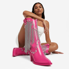 Tuhoomall Chunky Heel Western Rhinestone Booties with Fringes for Fashion Events, Pointed Toe, Slip-On Style, All-Day Comfort, Eye-Catching Design