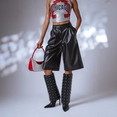 Tuhoomall Knee High Party Boots for Women, Two Piece Design with Studs and Zipper, Stylish High Heel 11.5cm, Perfect for Performances and Special Occasions