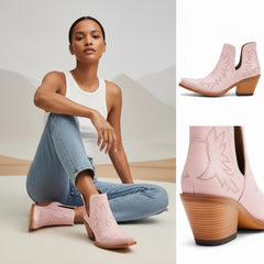 Tuhoomall Stylish Women's Ankle Boots, Chunky 2.36 in Heel, Slip-On Design, Embroidered Details, All-Season Fashion