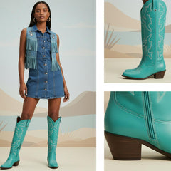 Tuhoomall Western Knee-High Boots with Elegant Embroidery, Stylish Mid Heel for Casual and Office Wear, Durable Faux Suede Leather, All-Season Fashion