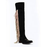 Tuhoomall Western Over Knee Boots with Fringe and Heart Pattern, Block Heel 2.76in, Zipper Closure, Faux Suede for Fashionable Boho Lifestyle Tuhoomall