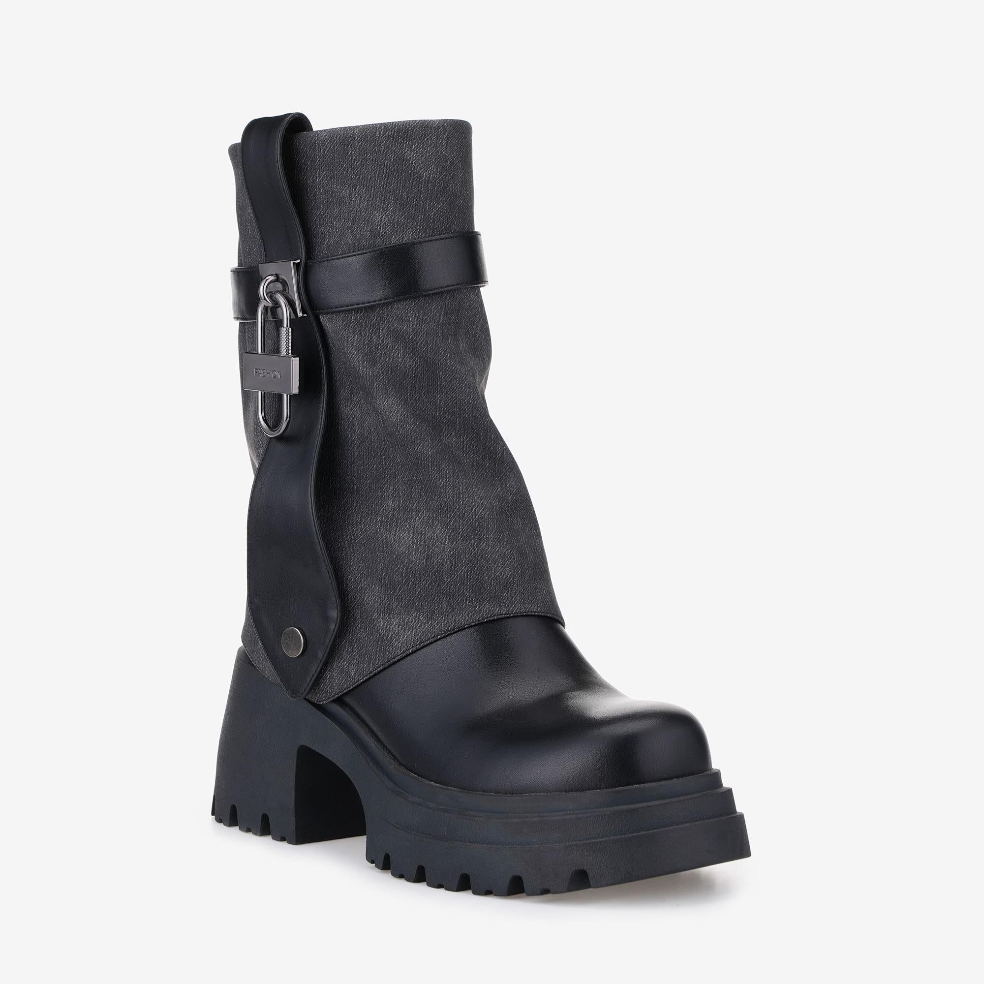 Tuhoomall Fashion Women's Foldable Knee-High Boots with Round Toe and Thick Heels, Stylish Metal Buckle for Parties and Performances Tuhoomall