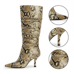 Tuhoomall Fashion Casual Knee High Boots for Women, Snakeskin PU, Pointed Toe, Adjustable Buckle, Rubber Sole, Chic Street Style