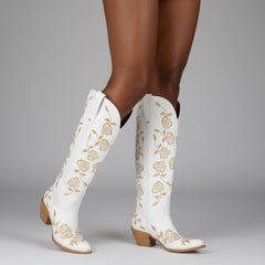 Tuhoomall Western Embroidered Knee-High Boots for Women, Floral Chunky Heel, Slip-On Design for Weddings and Casual Outings