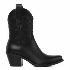 Tuhoomall Comfortable Western Ankle Boots for Fashion, Travel, and Leisure - Embroidered Genuine Leather, 5.5cm Chunky Heel, Slip-On Design Tuhoomall