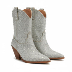 Tuhoomall Rhinestone Embellished Ankle Boots for Women, Chunky Heel 6.5 cm, Slip-On Pointed Toe Short Booties for Parties and Weddings