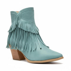 Tuhoomall Western Ankle Boots for Women, Fringed Design, Casual Fashion, Chunky Heel 2.36 in, Zipper Closure, All-Season Comfort