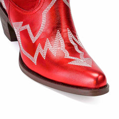 Tuhoomall Metallic Western Ankle Boots for Women - Stylish Slip-On Design with Embroidered Floral Pattern, Casual All-Season Footwear