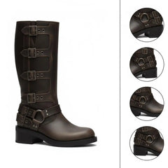 Tuhoomall Vintage Stylish Casual Boots for Women, Comfortable Mid-Calf Square-Toe with Chunky Heel, Adjustable Buckle, All-Season Wear Tuhoomall