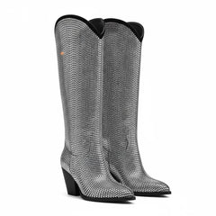 Tuhoomall Shiny Rhinestone Knee-High Boots for Parties and Performances, Stylish Pointed Toe Design, 9cm Chunky Heel, All-Season Wear