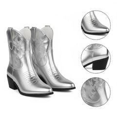 Tuhoomall Western Ankle Boots with Embroidered Pattern, 5cm Chunky Heel, Slip-On Design for Fashion and Travel, Durable Synthetic Fabric Lining