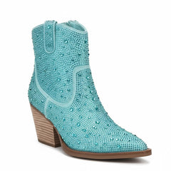 Tuhoomall Western Style Rhinestone Ankle Boots with Zipper Closure - Fashionable Suede Upper and Rubber Sole, Perfect for All Seasons