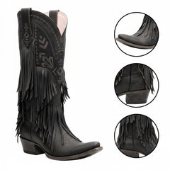 Tuhoomall Western Cowgirl Mid Calf Boots - Snip-Toe, Chunky Heel, Embroidered Fringe Design for Outdoor Style